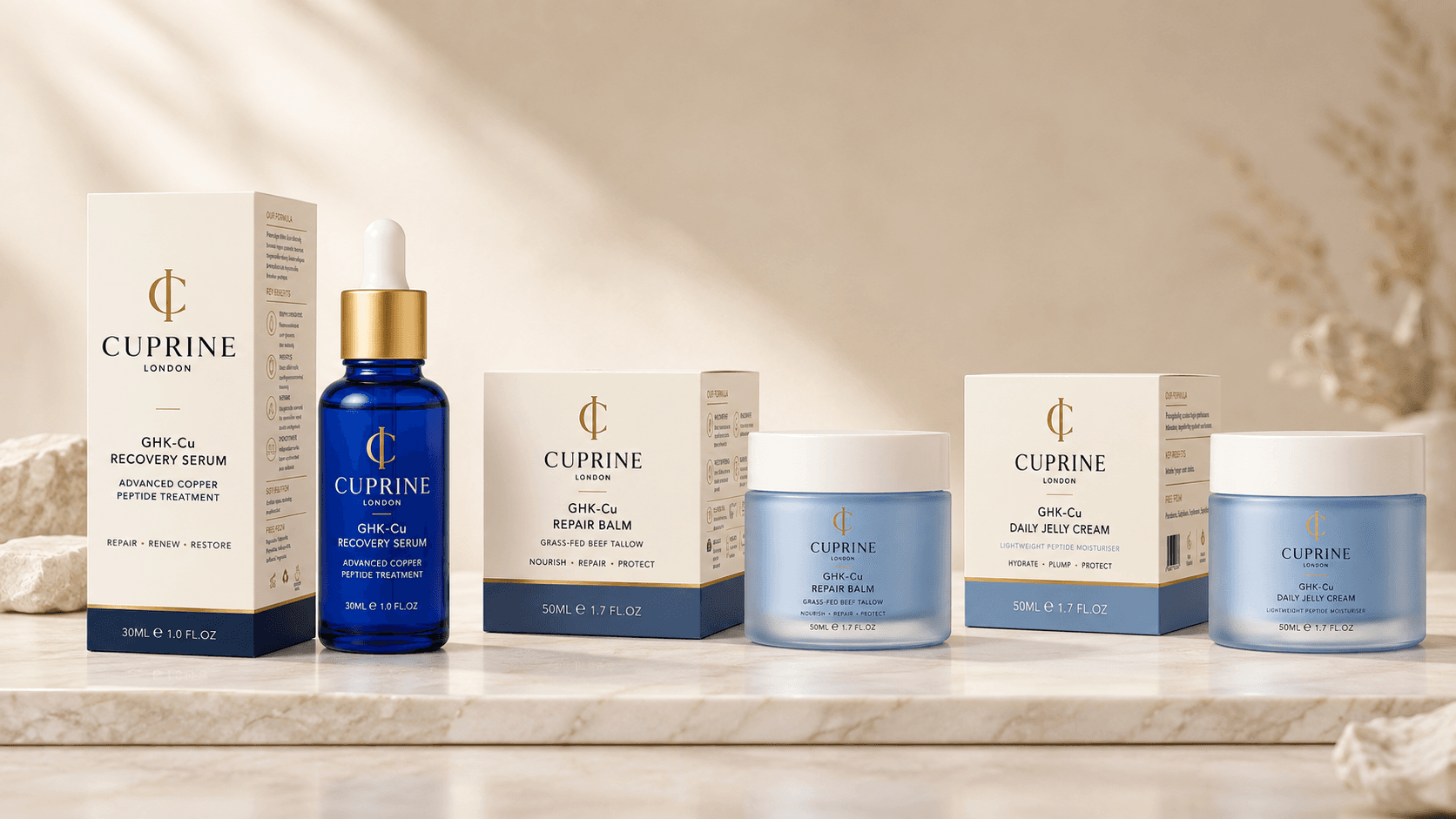 Cuprine GHK-Cu products displayed on marble
